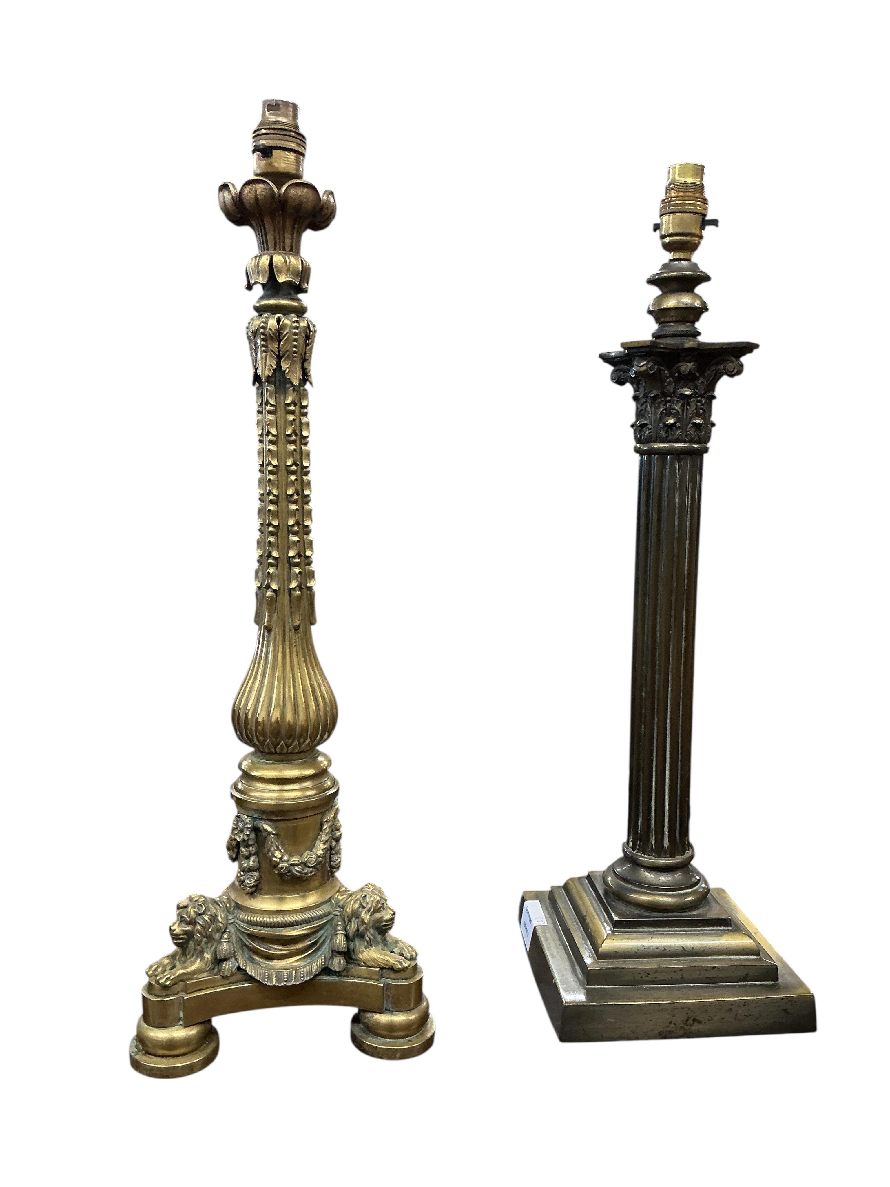 An early 20th century brass Corinthian column table lamp, height 56cm together with a larger Regency style table lamp